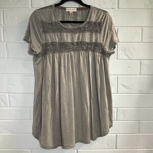 Knox Rose Babydoll Tunic Top Large Gray Crochet Lace Boho Cottagecore